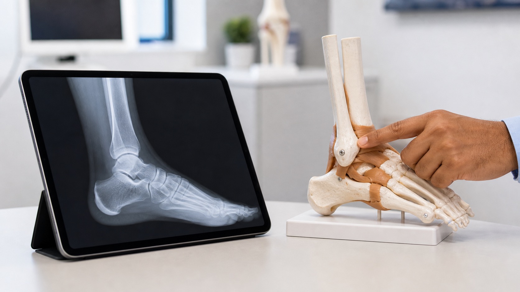 Foot and ankle X-ray with an anatomical model in a clinical consultation room.