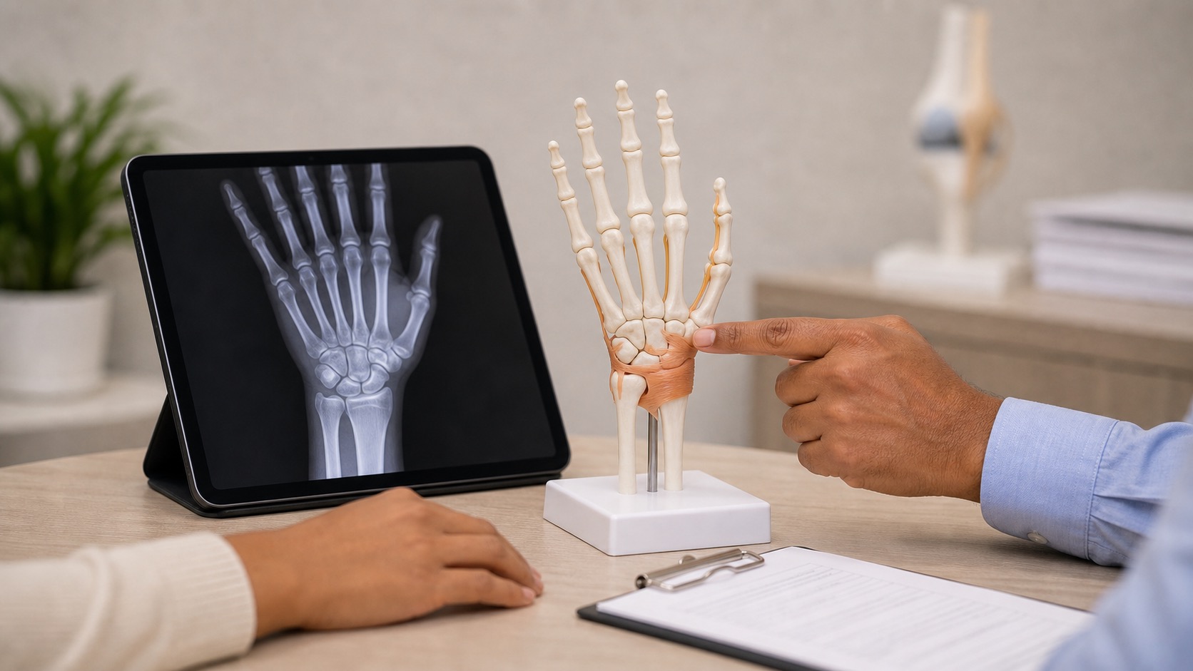 Hand and wrist X-ray with an anatomical model in a clinical consultation room.