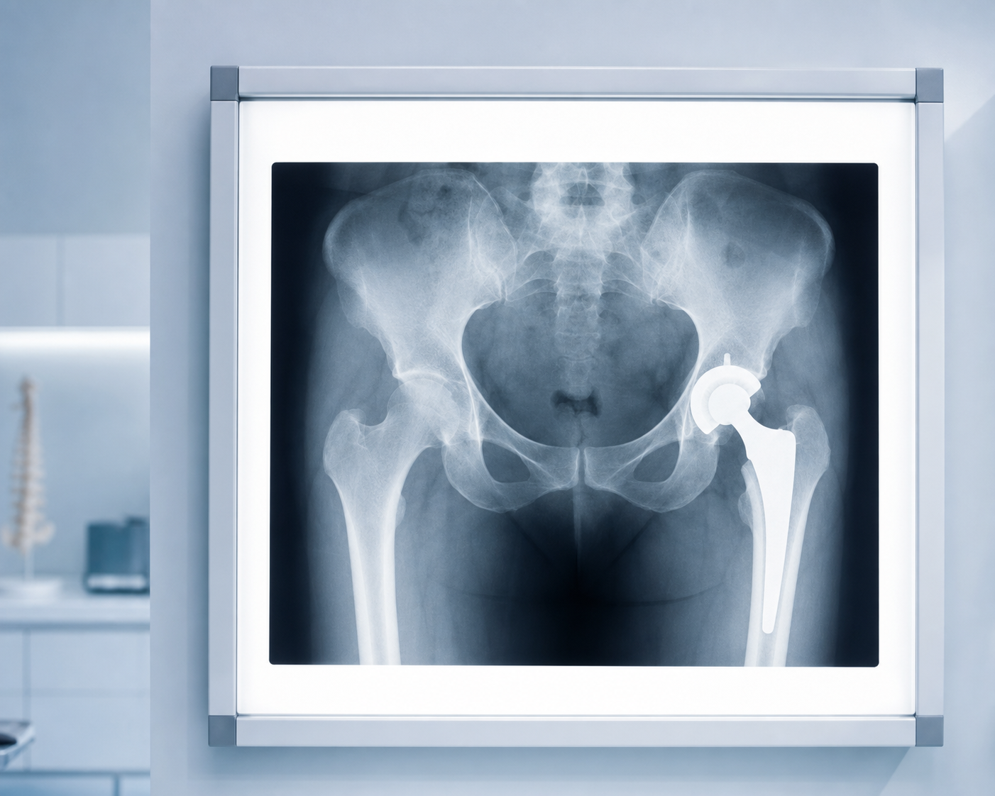 Illustrative pelvis X-ray showing a hip replacement implant on a clinical lightbox.