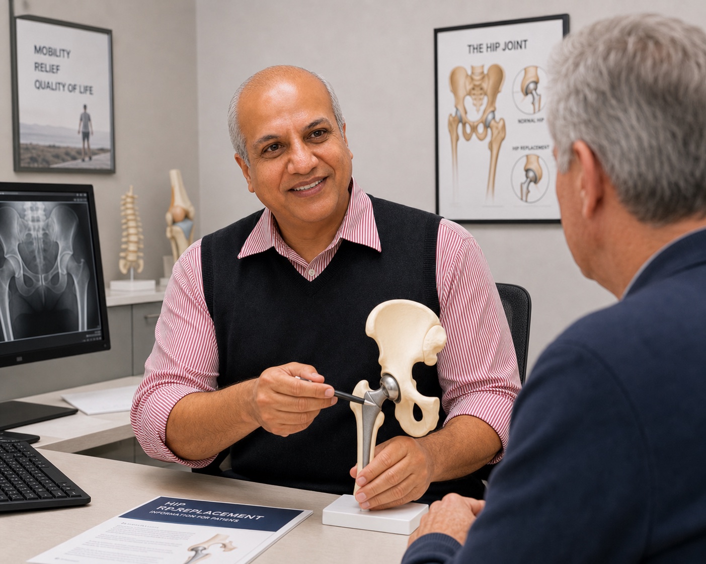 Mr Arpit Patel explaining hip anatomy with a model during a consultation.