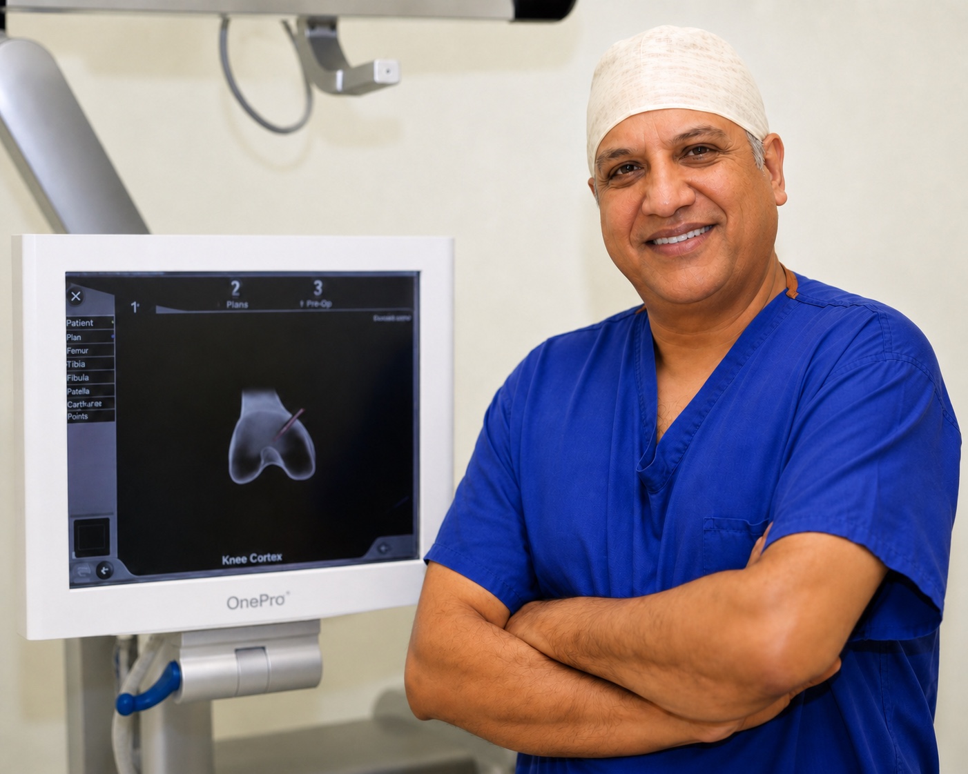 Mr Arpit Patel beside knee planning imaging in a clinical setting.