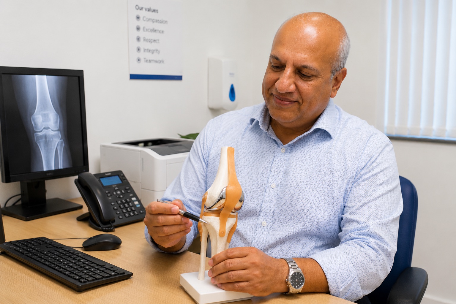 Mr Arpit Patel demonstrating knee anatomy with an orthopaedic model.