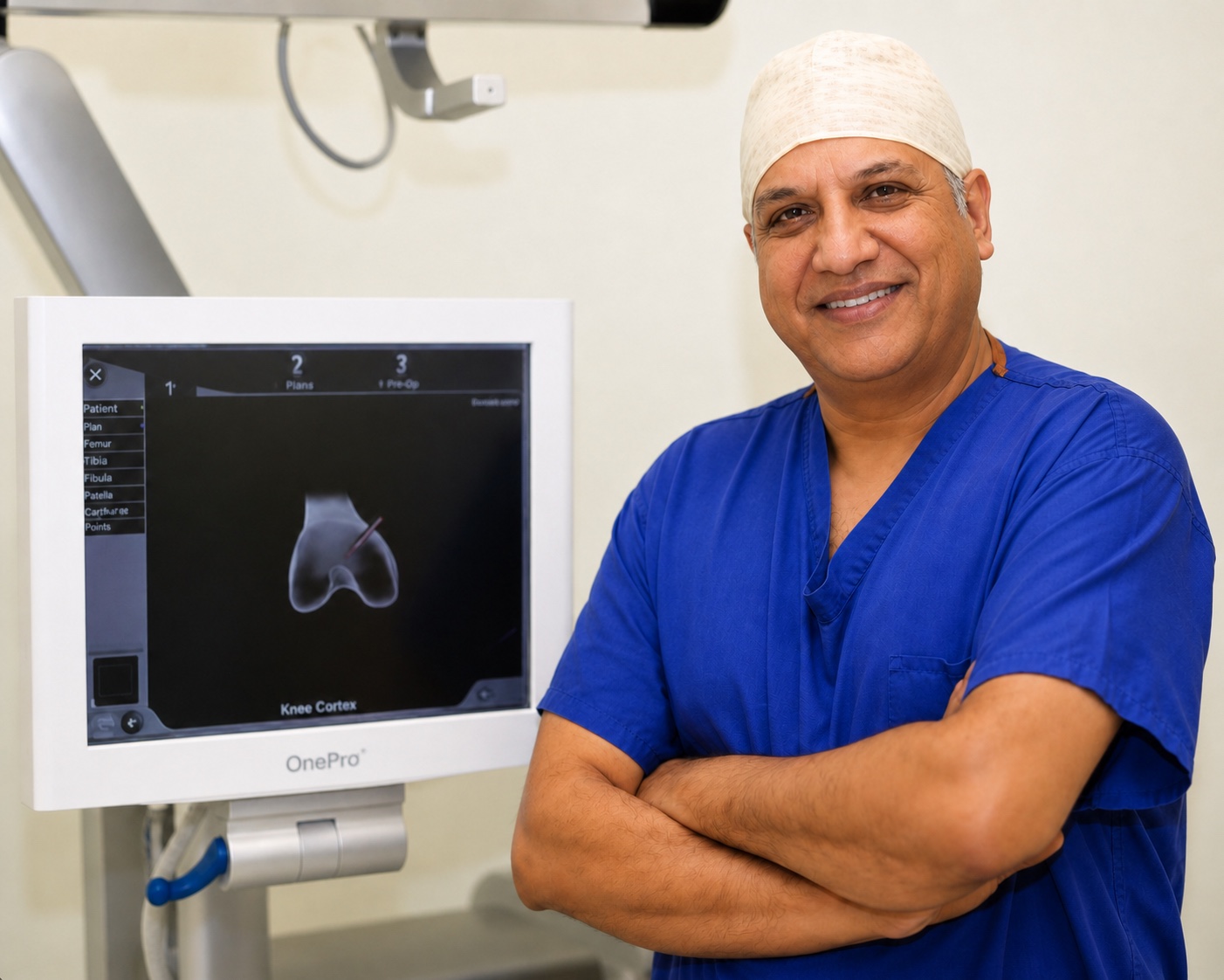 Mr Arpit Patel beside surgical planning imaging for navigated knee surgery.
