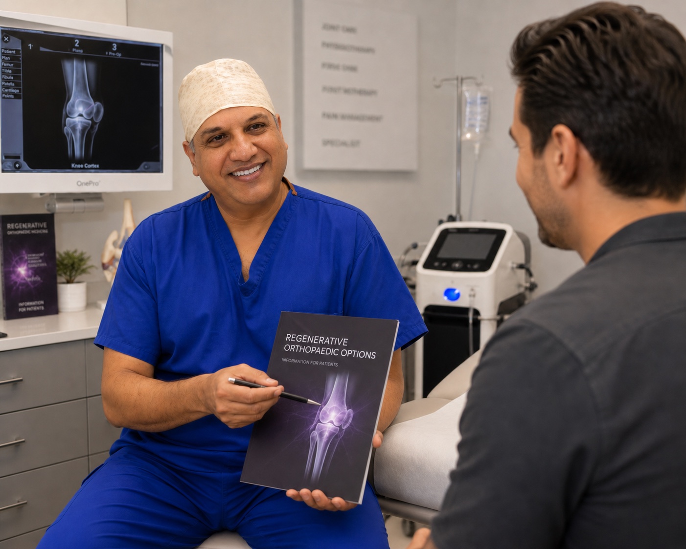 Mr Arpit Patel discussing regenerative orthopaedic options during a consultation.
