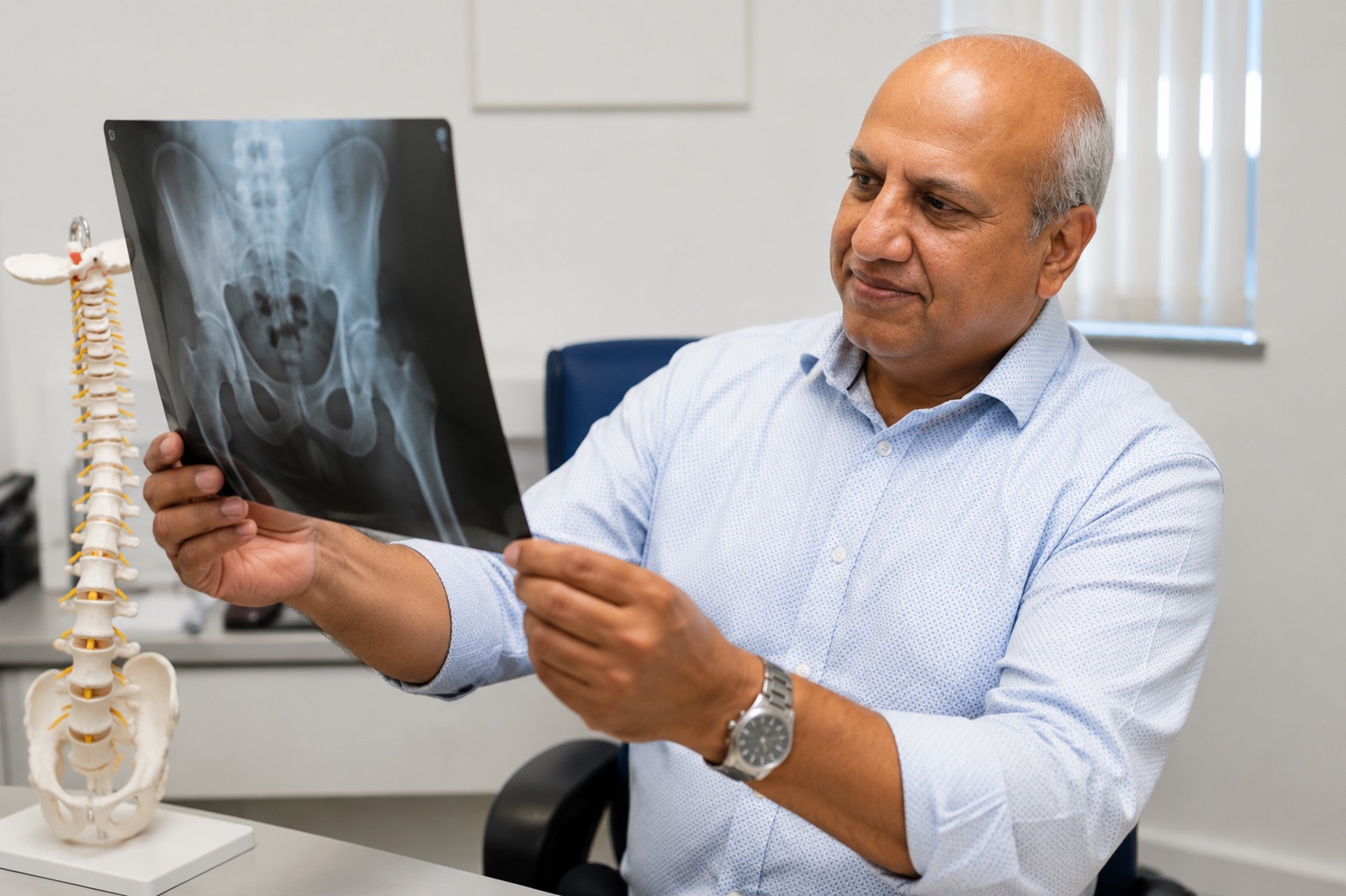 Mr Arpit Patel reviewing an orthopaedic X-ray in clinic.