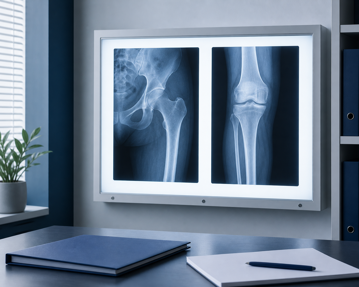 Illustrative hip and knee X-rays on a lightbox in a consultant office.