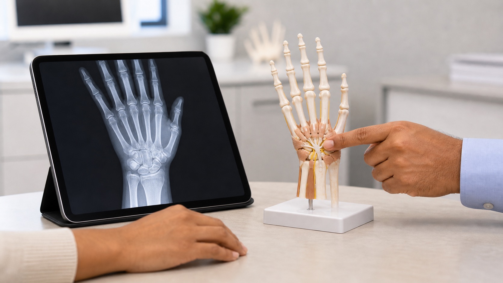 Hand and wrist X-ray with an anatomical carpal tunnel model in a clinical consultation room.