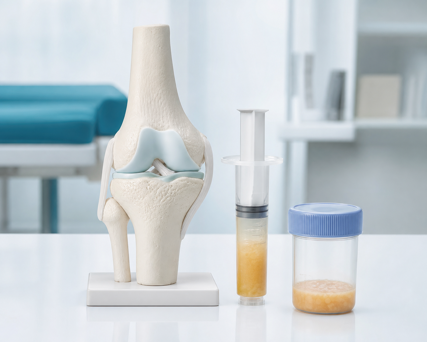 Illustrative knee model beside an unbranded tissue preparation syringe and sealed sample container.