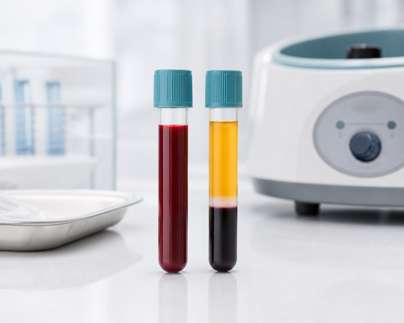 Illustrative blood and separated plasma sample tubes beside a clinical centrifuge.